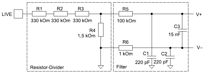  Схема датчика напряжения для ИС измерения энергии MSP430AFE2xx